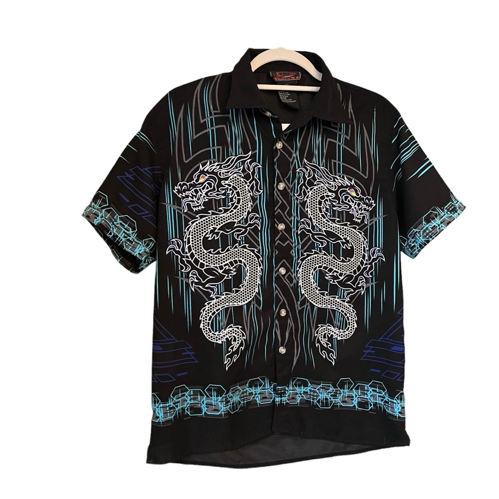Rare Vintage Boys UrbanX Button Down Dragon Graphic Short Sleeve Shirt, Sz 14-16
